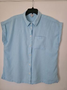 Orvis Linen Blend Short Sleeve Button Shirt Light Blue Size L
